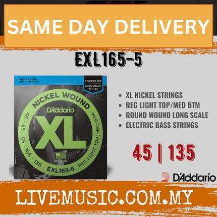 D'Addario EXL165-5 Regular Light Top/ Medium Bottom Nickel Wound 5-string Long Scale Bass - (.045-.135)(DAddario)