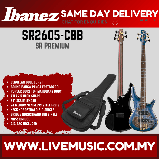 Ibanez Premium SR2605-CBB 5-Strings Bass Guitar - Cerulean Blue Burst ( SR2605 CBB / SR2605CBB )