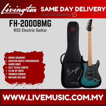 Livingston FH-2000-Pack Stratocaster HSS Electric Guitar w/GA15II Amplifier, Roasted Maple Fretboard -Green  ( FH2000 FH 2000 )