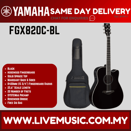 Yamaha FGX820C Dreadnought Cutaway Acoustic-Electric Guitar - Black ( FGX-820C-NT / FGX820C-BL )
