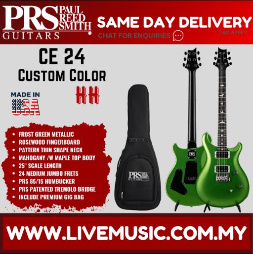 PRS-style electric guitar, frost green metallic, with black gig bag