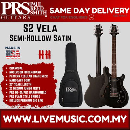 PRS S2 Vela Satin Semi-Hollow Electric Guitar w/Bag, Charcoal