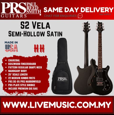 PRS S2 Vela Satin Semi-Hollow Electric Guitar w/Bag, Charcoal