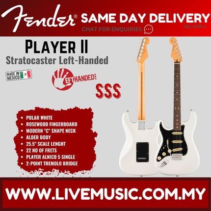 Fender Player II Stratocaster Left-Handed Electric Guitar, RW FB, Polar White