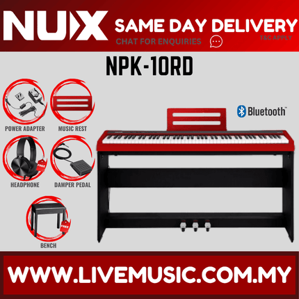Nux NPK-10 88 Key Smart Digital Piano with Grand Hammer Action 3 Stand and Bench - Red (NPK10/NPK 10)