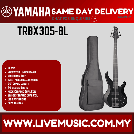 Yamaha TRBX305 5-string Electric Bass Guitar Package - Black ( TRBX 305 / TRBX-305 )