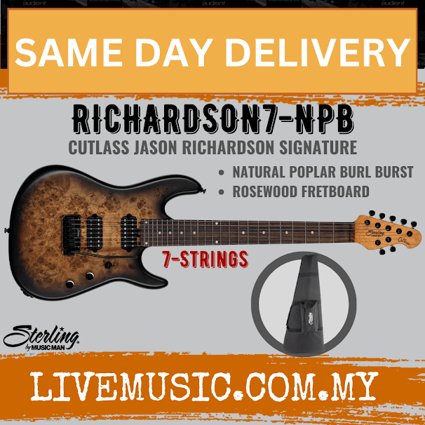 Sterling RICHARDSON 7 Cutlass 7 String El Guitar, Natural Poplar Burl Burst ( RICHARDSON7)