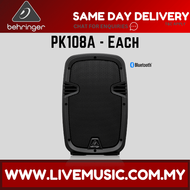 Behringer PK108A active PA speaker system, black cabinet with front grille and controls