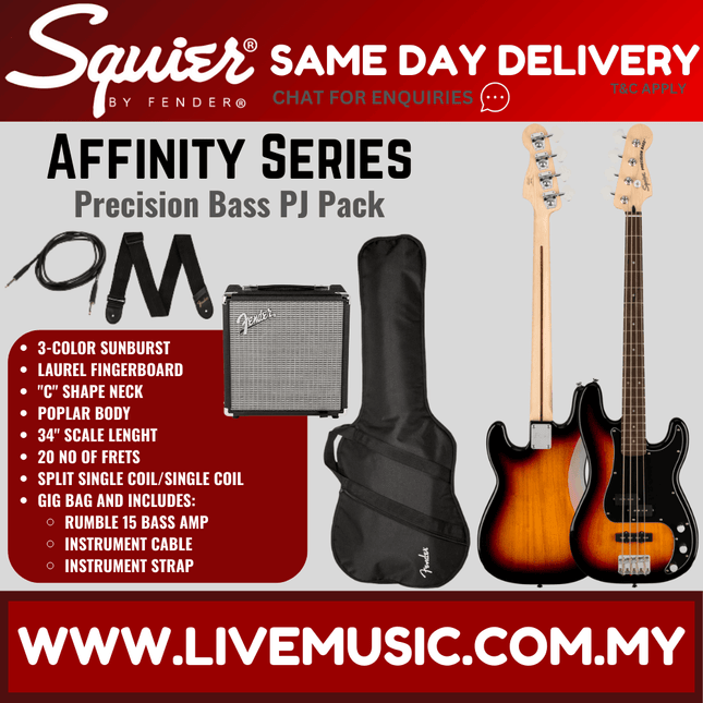 Squier Affinity Series PJ Bass Guitar Pack with Rumble 15 , Laurel Fretboard - 3-Color Sunburst