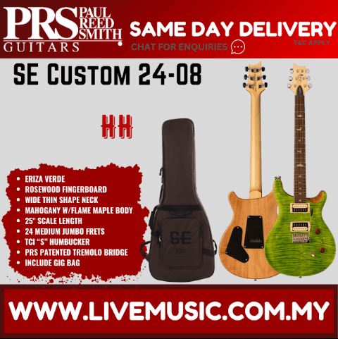 Green electric guitar with humbucker pickups and black gig bag, double-cut body