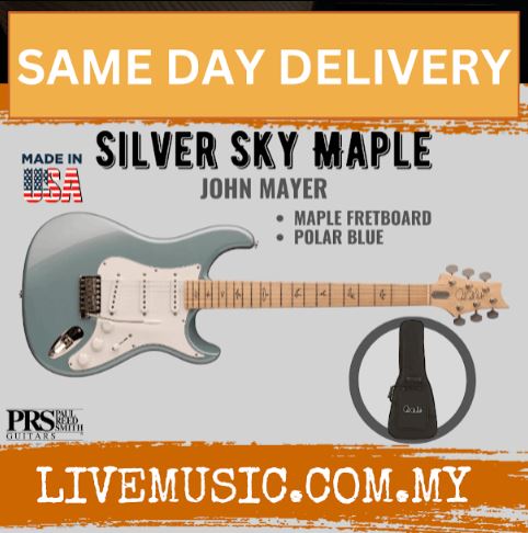 Polar blue electric guitar with maple fretboard, white pickguard, and tremolo bridge