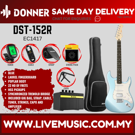 Donner DST-152 Stratocaster HSS Electric Guitar w/Accessories, Laurel Fretboard - Blue ( DST 152 DST152 )