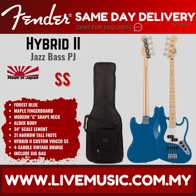 Forest Blue Fender Japan PJ electric bass guitar with maple fingerboard, includes black gig bag