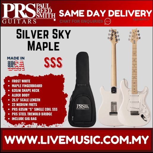 Frost white electric guitar with maple neck and PRS gig bag, single-cut design