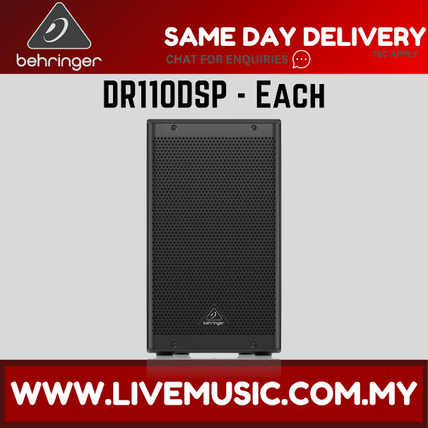 Single black 10-inch powered speaker cabinet with perforated grille, front view