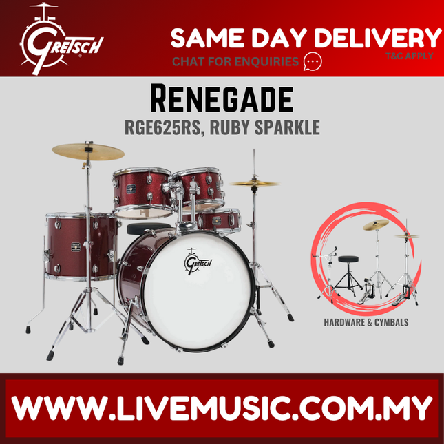 Ruby sparkle 5-piece drum kit with hardware and cymbals, including bass drum and toms