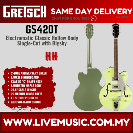 Gretsch G5420T Electromatic Classic Hollowbody SingleCut Guitar w/Bigsby,2-Tone Anniversary Green