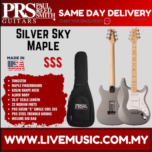 Silver Sky Maple electric guitar in metallic gray with black padded gig bag