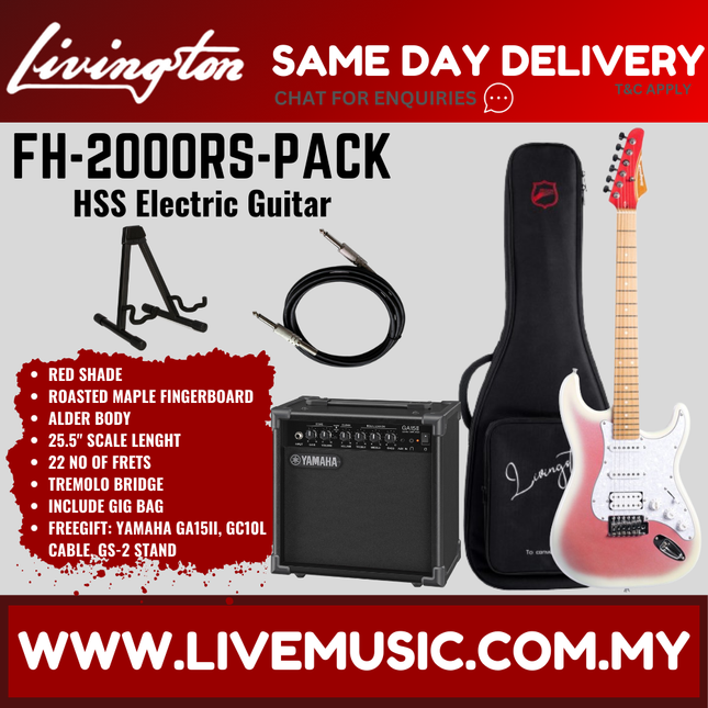 Stratocaster electric guitar pack with amp and cables, red sunburst finish and maple fretboard.