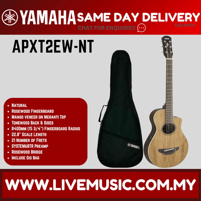 Natural acoustic electric guitar with pickup and mango wood top, in black gig bag