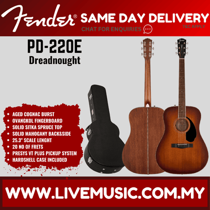 Fender PD-220E Dreadnought Electro Acoustic Guitar, Aged Cognac Burst / Natural / 3 Colour Vintage Sunburst ( PD220E )