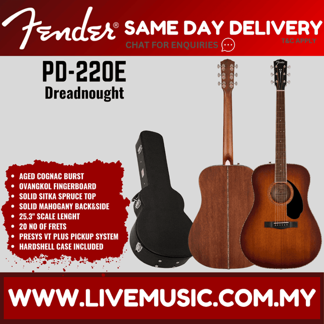 Fender PD-220E Dreadnought Electro Acoustic Guitar, Aged Cognac Burst / Natural / 3 Colour Vintage Sunburst ( PD220E )