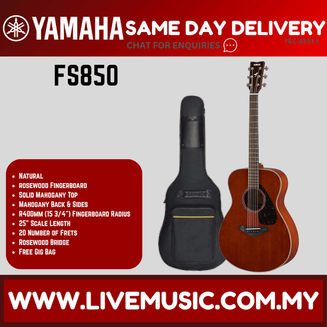 Natural acoustic guitar with solid mahogany top and hard case, FS850 model