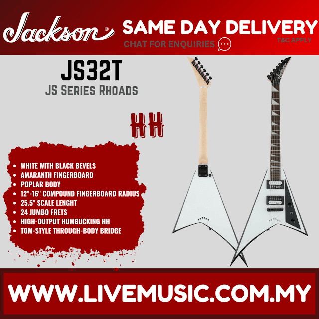 Jackson JS Series Rhoads JS32T Electric Guitar, Amaranth FB, White w/Black Bevels (JS 32T JS-32T)