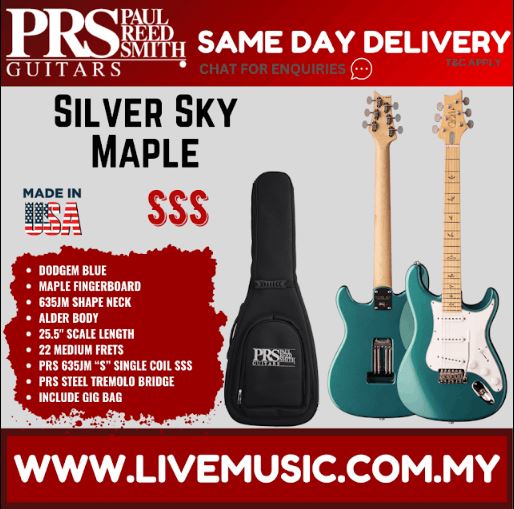 Teal electric guitar with black gig bag, maple neck and body, front view