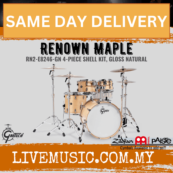 Gloss natural maple 4-piece drum set with mounted toms and cymbals
