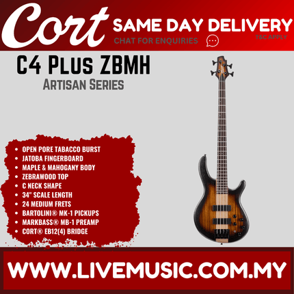 Cort C4 Plus ZBMH 4-String Electric Bass Guitar Rosewood Fretboard with Bag - Open Pore Tabacco Burst