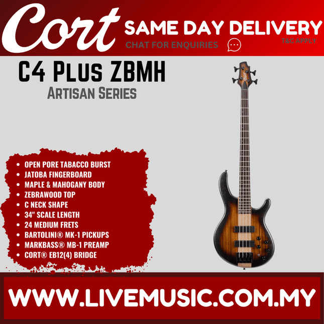 Cort C4 Plus ZBMH 4-String Electric Bass Guitar Rosewood Fretboard with Bag - Open Pore Tabacco Burst