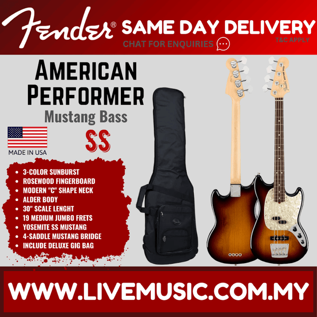 Fender American Performer Mustang bass guitar with gig bag, 3-tone sunburst, rosewood fretboard