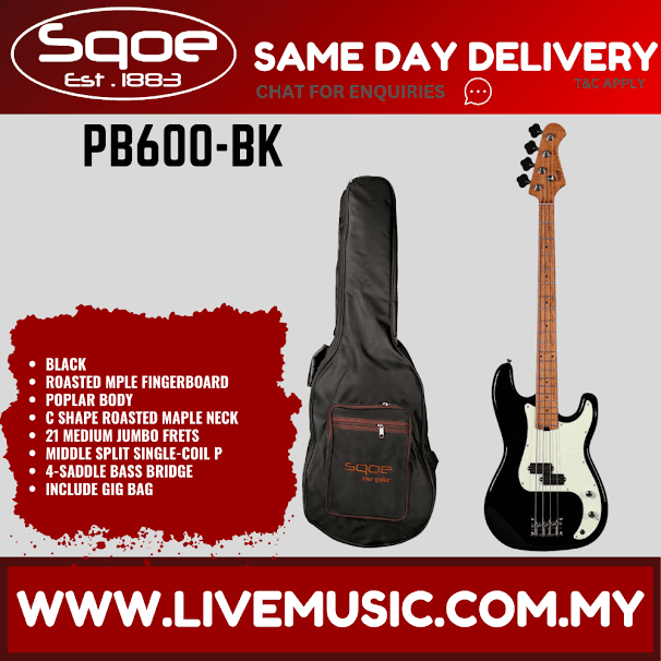 Sqoe PB600-BK Electric Bass Guitar With Gig Bag Roasted Maple FB, Black ( PB600BK / PB600 BK )