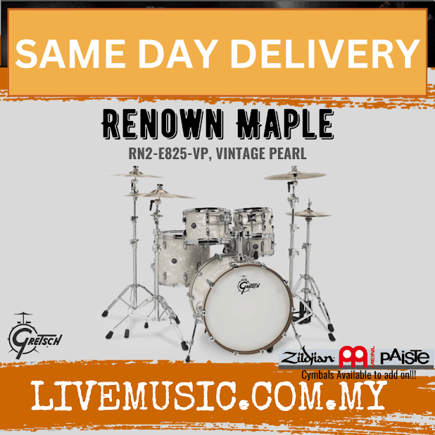 Gretsch RN2-E825-VP Renown Maple 5-Piece Drum Shell Kit Set (22inch Bass), Vintage Pearl