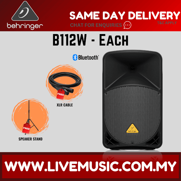 Behringer Eurolive B112W 1000W 12" Powered Speaker with Bluetooth w/Shure SV100 Vocal Microphone, Stand, Cable - Each ( B-112W / B 112W )