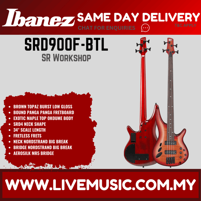 Ibanez SRD900F-BTL Sr Workshop Series Electric Bass, Brown Topaz Burst Low Gloss ( SRD900F BTL / SRD900FBTL )