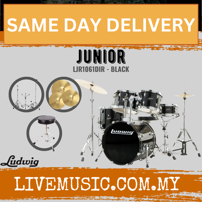 Junior 5-piece drum kit in black with hardware, throne, and cymbals