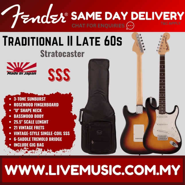 Fender Japan Traditional II Late 60s Stratocaster Electric Guitar, Rosewood Fretboard with Gig Bag - 3-Tone Sunburst
