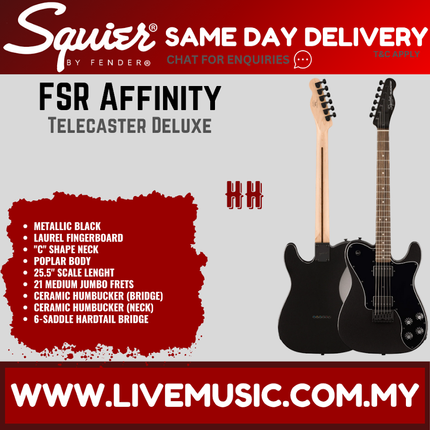 Squier FSR Affinity Series Telecaster Deluxe Electric Guitar, Laurel FB, Metallic Black