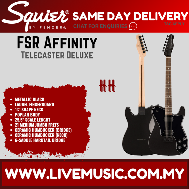 Squier FSR Affinity Series Telecaster Deluxe Electric Guitar, Laurel FB, Metallic Black