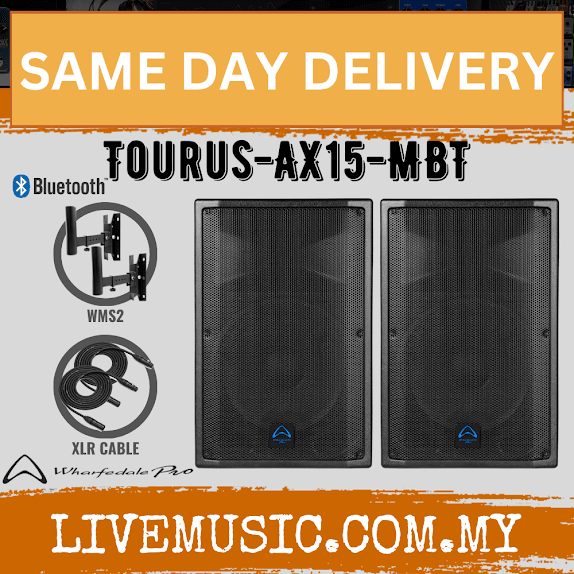 WHARFEDALE PRO TOURUS-AX15MBT black loudspeakers with Bluetooth icon and accessory icons