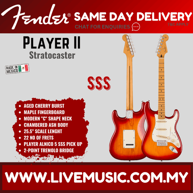 Fender Player II Stratocaster Electric Guitar, Maple FB, Transparent Mocha Burst / Aged Cherry Burst