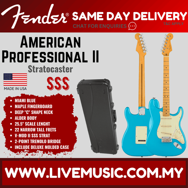 Fender American Professional II Stratocaster Electric Guitar, Maple Fretboard - Miami Blue