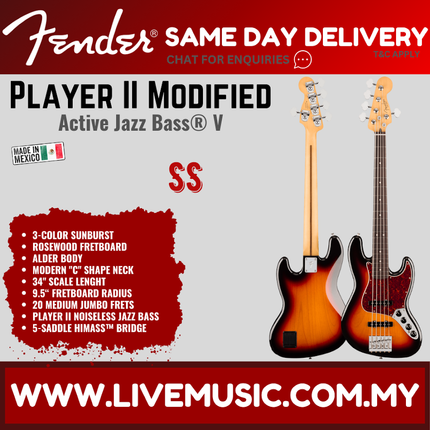 Fender Player II Modified Active Jazz Bass V Guitar, RW FB, 3 Tone Sunburst