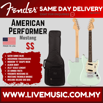 Fender American Performer Mustang Electric Guitar, Rosewood Fretboard with Bag - Satin Sonic Blue