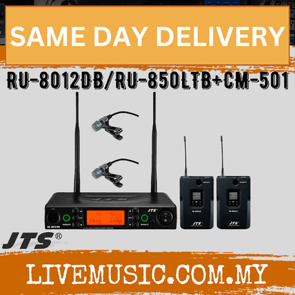JTS RU-8012DB/RU-850LTB+CM-501 Dual channel PLL diversity detachable antenna receiver with 2x Plastic Bodypack transmitter + lavaliere microphone