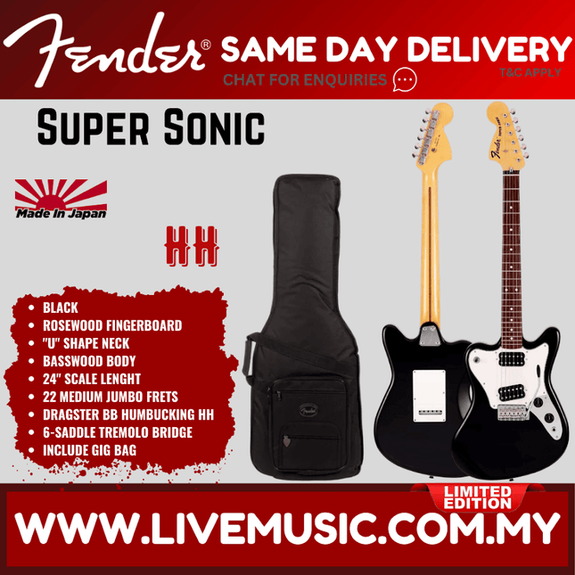 Fender Japan Ltd Ed Super Sonic Electric Guitar, RW FB, Black