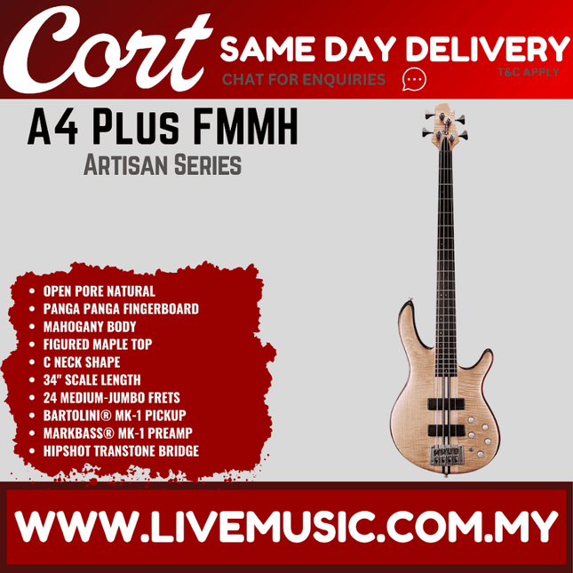 Cort A4 Plus FMMH 4-String Bass Guitar Rosewood Fretboard with Bag - Open Pore Natural (A-4/A 4)