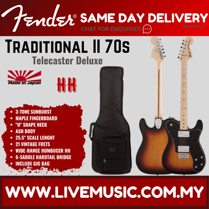 Fender Japan Traditional II 70s Telecaster Deluxe Electric Guitar, Maple Fretboard with Gig Bag - 3-Tone Sunburst